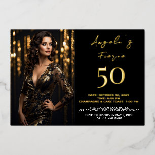 Invitation En Aluminium 50 et Fabulous Photo Black Gold