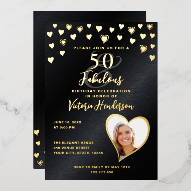Invitation En Aluminium 50 & Fabuleux Anniversaire Photo Black & Gold (Recto/Verso)