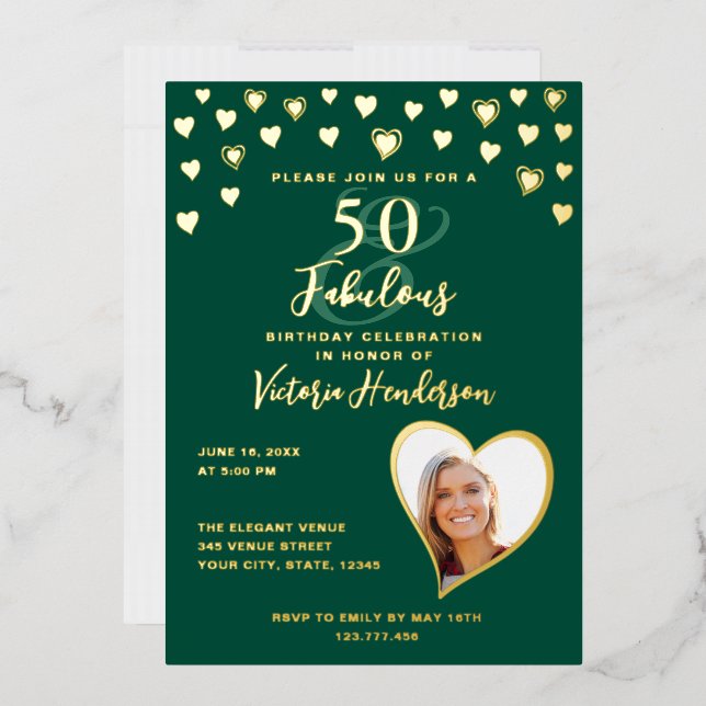 Invitation En Aluminium 50 & Fabuleux Anniversaire Photo Emerald Green & G (Enveloppe)