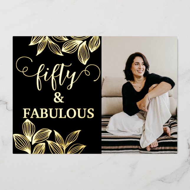 Invitation En Aluminium 50 & Fabuleux Black & Gold Photo Anniversaire (Recto)