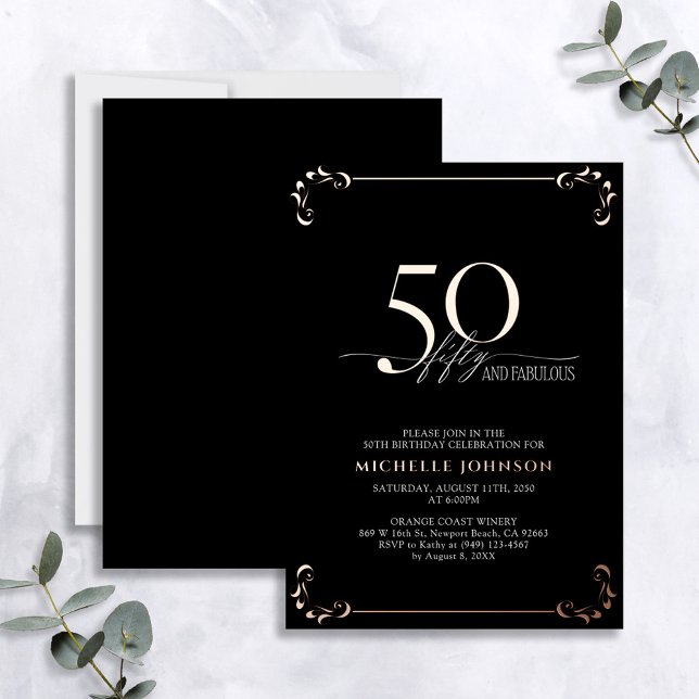 Invitation En Aluminium 50 & Fabuleux Black Rose Gold Calligraphie Anniver (Créateur téléchargé)