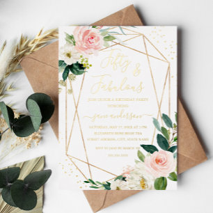 Invitation En Aluminium 50 & Fabuleux Blush Gold Floral Anniversaire