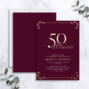 Invitation En Aluminium 50 & Fabuleux Burgundy & Gold Calligraphy Annivers