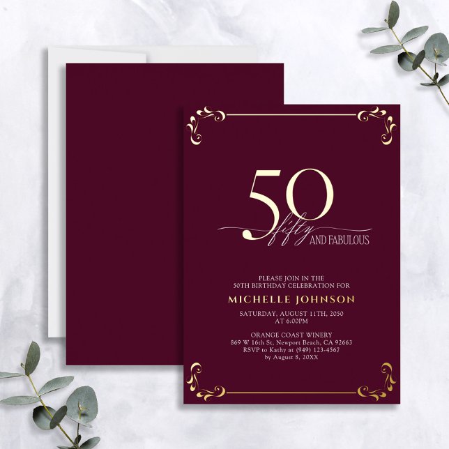 Invitation En Aluminium 50 & Fabuleux Burgundy & Gold Calligraphy Annivers (Créateur téléchargé)