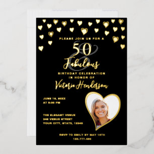 Invitation En Aluminium 50 & Fabuleux Photo Anniversaire Glam Black & Gold