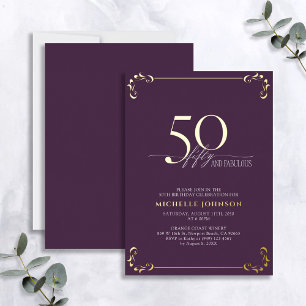Invitation En Aluminium 50 & Fabuleux Purple & Gold Calligraphy Anniversai
