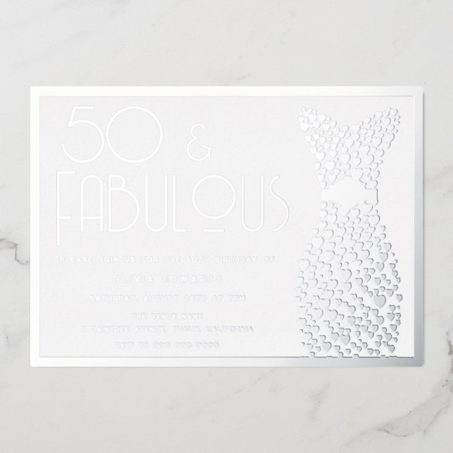 Invitation En Aluminium 50 & Fabuleux ! Robe d'argent 50e fête d'anniversa (Recto)