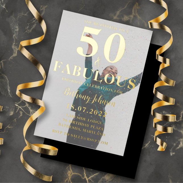Invitation En Aluminium 50 & Fabulous Black & Gold Foil Photo (Créateur téléchargé)