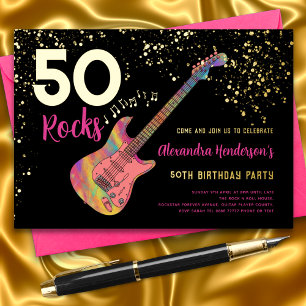 Invitation En Aluminium 50 Rocks 50e fête d'anniversaire Pink Black Gold