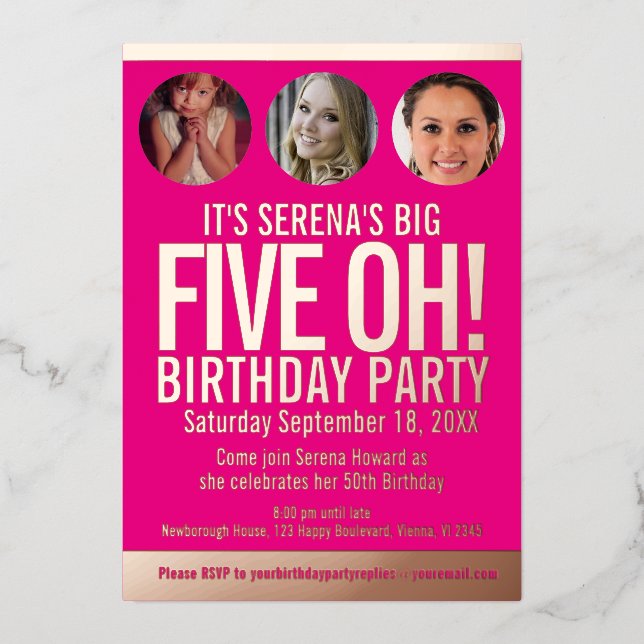 Invitation En Aluminium 50e anniversaire cinq oh ronds de photo en feuille (Recto)