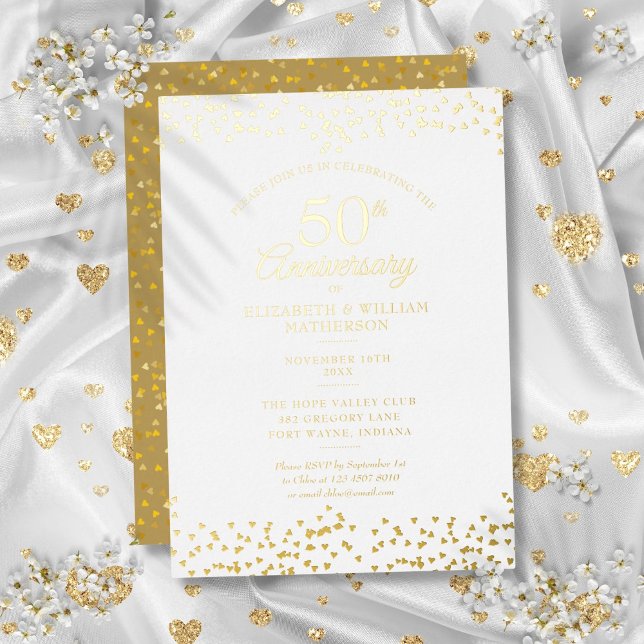 Invitation En Aluminium 50e anniversaire de Mariage Coeurs Confetti Gold (50th Wedding Anniversary Hearts Confetti Gold Foil Invitation)