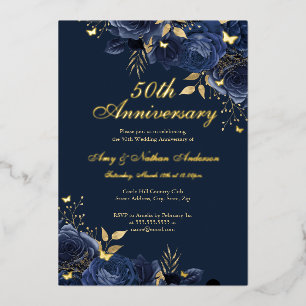 Invitation En Aluminium 50e anniversaire de Mariage de la Floral Navy