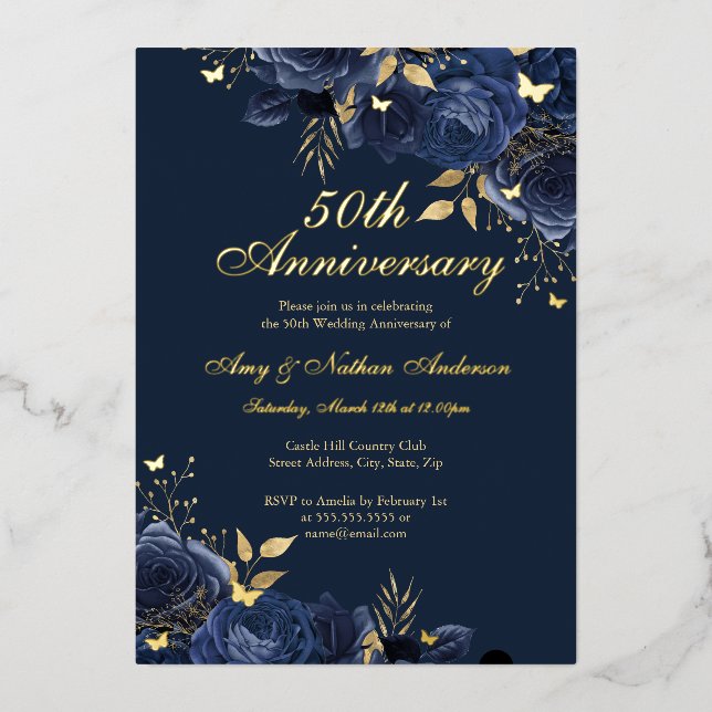Invitation En Aluminium 50e anniversaire de Mariage de la Floral Navy (Recto)