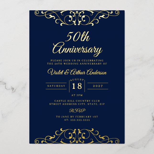 Invitation En Aluminium 50e anniversaire de Mariage de la Marine d'or clas (Recto)