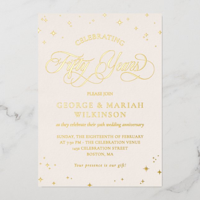 Invitation En Aluminium 50e anniversaire de Mariage des étoiles d'or crème (Recto)