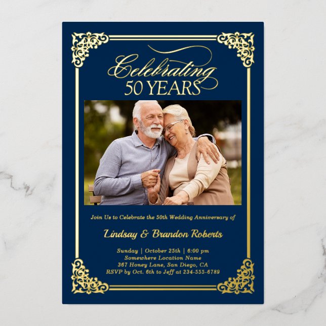 Invitation En Aluminium 50e Anniversaire de Mariage Photo Bleu Or (Recto)