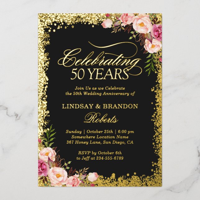 Invitation En Aluminium 50e anniversaire de mariage photo or paillettes do (Recto)