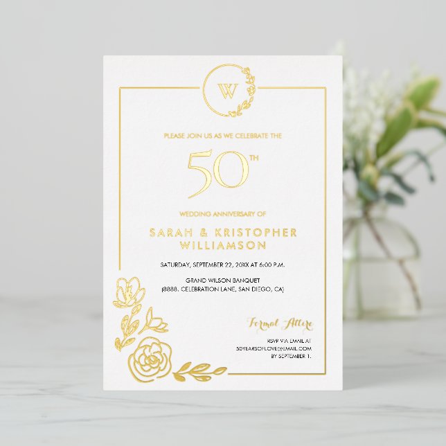 Invitation En Aluminium 50e anniversaire du Mariage Monogramme de couronne (Debout devant)