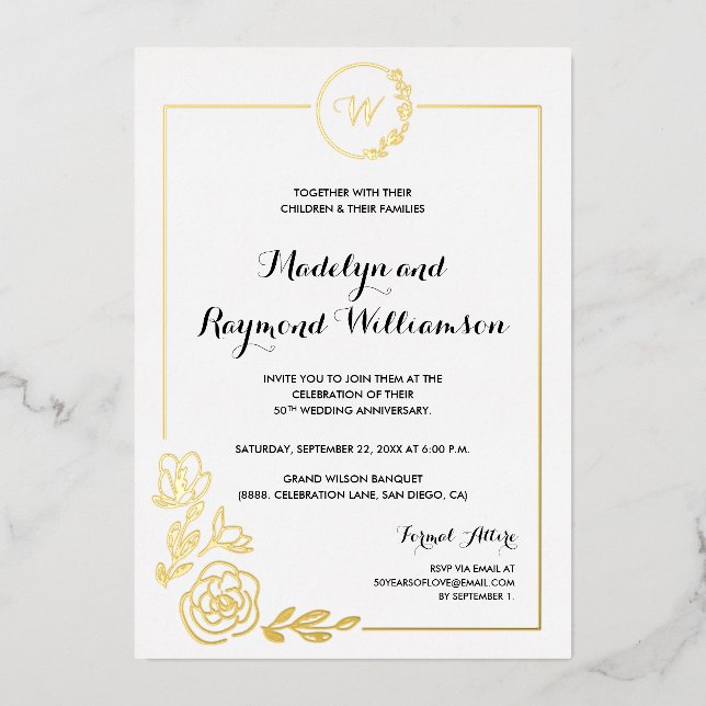 Invitation En Aluminium 50e anniversaire du Mariage Monogramme de couronne (Recto)