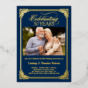 Invitation En Aluminium 50e anniversaire du Mariage Photo Blue Gold