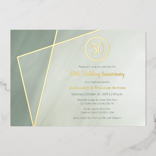 Invitation En Aluminium 50e anniversaire fête jade grisée avec or (Recto)