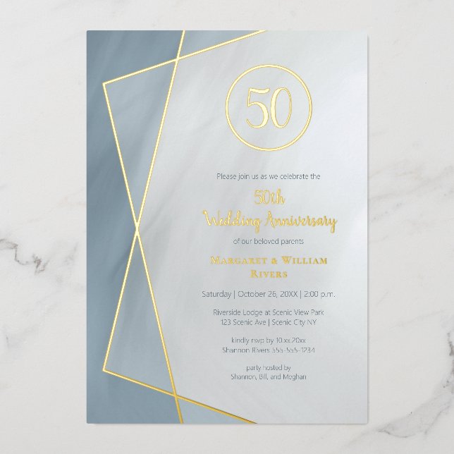 Invitation En Aluminium 50e anniversaire gris bleu poussiéreux avec feuill (Recto)