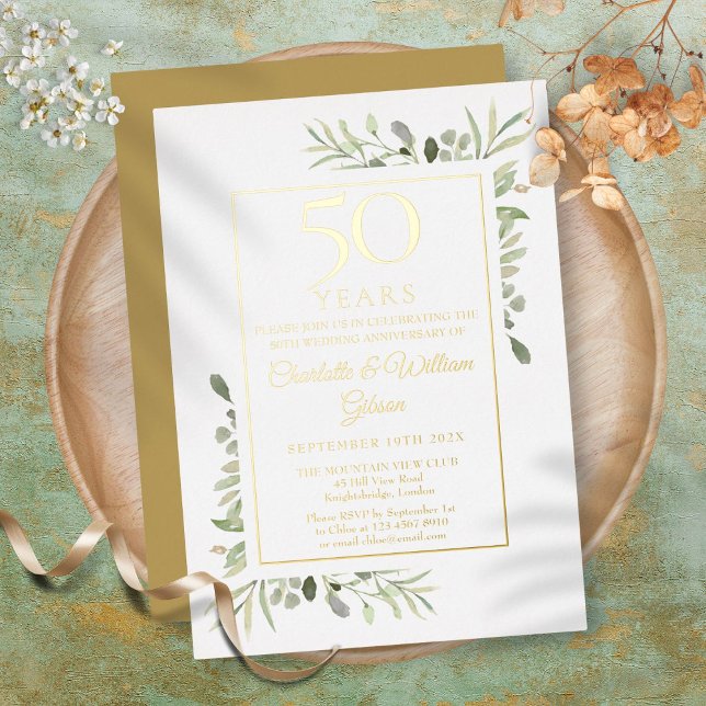Invitation En Aluminium 50e anniversaire Mariage Aquarelle Vert Or (50th Wedding Anniversary Watercolor Greenery Gold Foil Invitation)