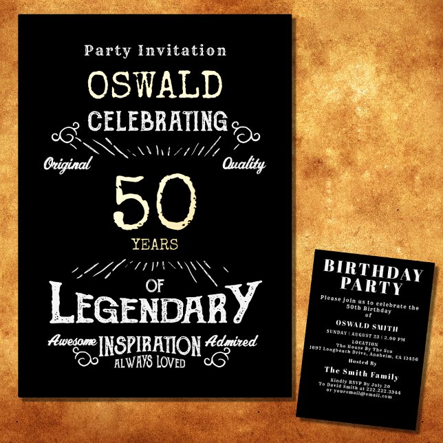 Invitation En Aluminium 50e anniversaire Né légendaire Black Gold Retro (For those celebrating their 50th birthday we have the ideal birthday party invitation)