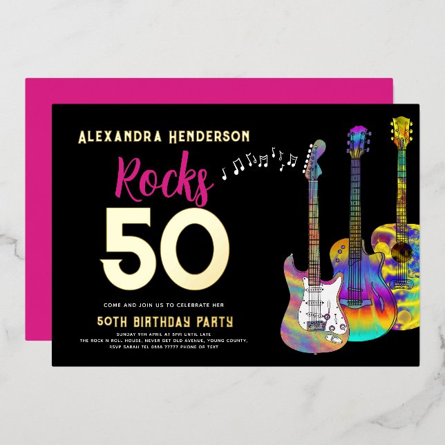 Invitation En Aluminium 50e Anniversaire Rocks 50 Party rose (Recto/Verso)