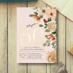 Invitation En Aluminium 50e Anniversaire Vintage Floral Pêche Chapitre 50