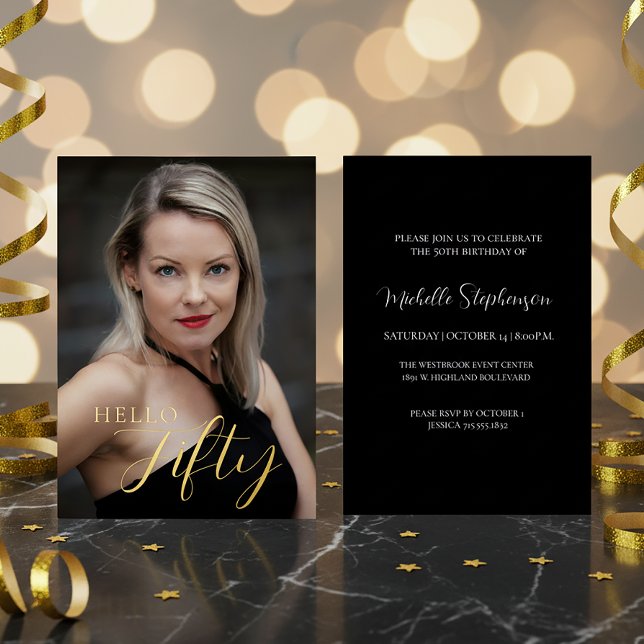 Invitation En Aluminium  50th Birthday Hello Fifty Photo Black And Gold (Créateur téléchargé)