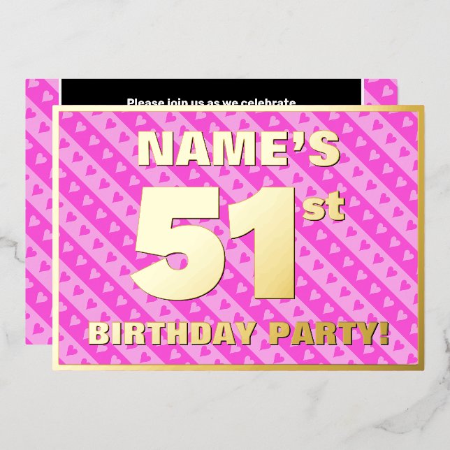 Invitation En Aluminium 51e fête d'anniversaire — Coeurs et rayures roses  (Recto/Verso)