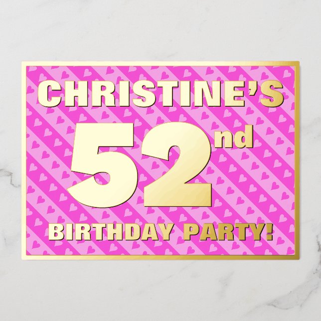 Invitation En Aluminium 52e fête d'anniversaire — Coeurs et rayures roses  (Recto)