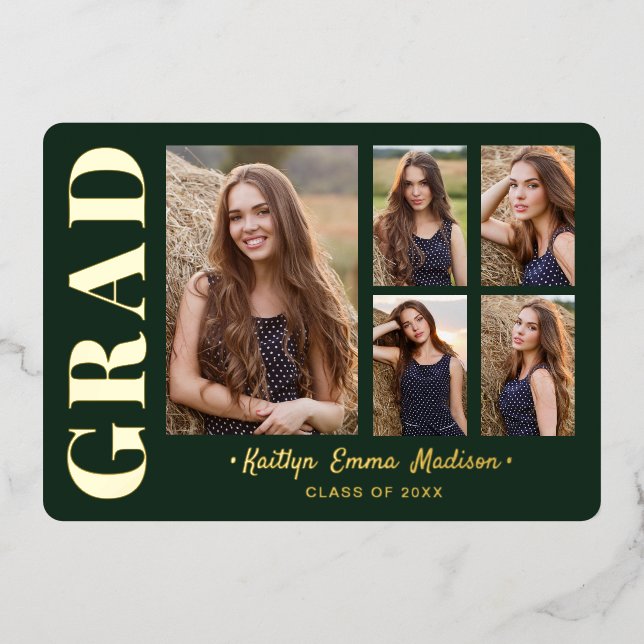 Invitation En Aluminium 5 Photo Grad Collage Green & Gold Foil Card (Recto)