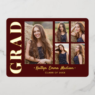 Invitation En Aluminium 5 Photo Grad Collage Red & Gold Foil Card
