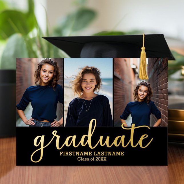 Invitation En Aluminium 5 Photo Graduation Party Modern Script Gold (Graduation announcement and invitation with multiple photos)