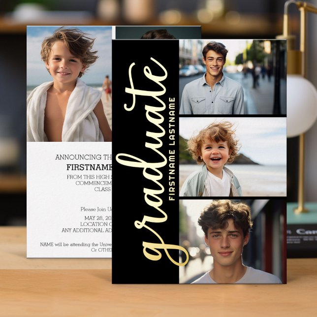 Invitation En Aluminium 5 Photo Graduation Party Modern Script Gold Foil I (Graduation Invitation)