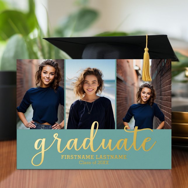 Invitation En Aluminium 5 Photo Graduation Party Modern Script Gold Real (Graduation announcement and invitation with multiple photos)