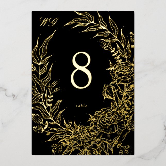 Invitation En Aluminium 5 x 7 Black Gold FOIL Florals Wedding Table Number (Devant)
