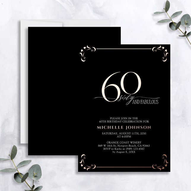 Invitation En Aluminium 60 & Fabuleux Black Rose Gold Calligraphie Anniver (Créateur téléchargé)