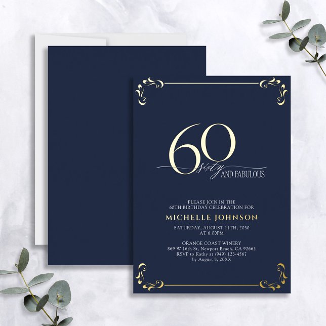 Invitation En Aluminium 60 & Fabuleux Blue & Gold Calligraphy Anniversaire (Créateur téléchargé)