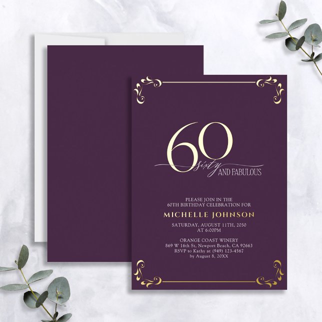 Invitation En Aluminium 60 & Fabuleux Purple & Gold Calligraphy Anniversai (Créateur téléchargé)