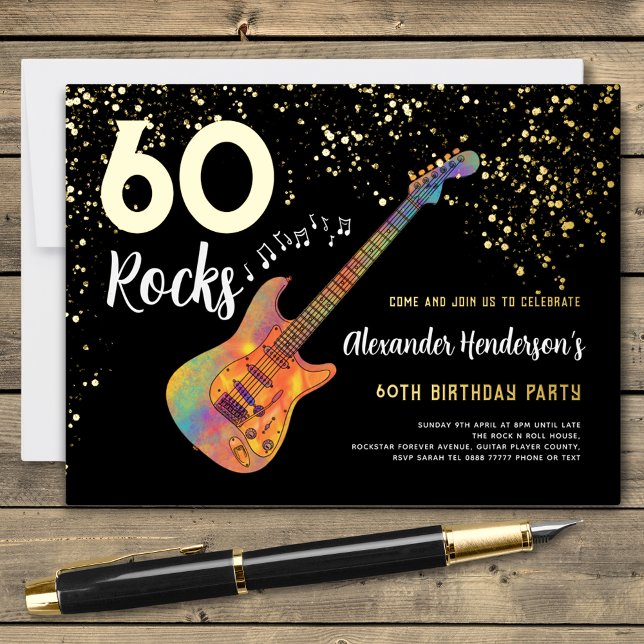 Invitation En Aluminium 60 Rocks 60e Anniversaire de fête Gold Noir (60 rocks guitar black and gold glitter foil custom 60th birthday party invitation guitarist musician)