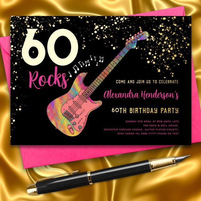 Invitation En Aluminium 60 Rocks 60e anniversaire fête Pink Gold (60 Rocks Rock and Roll guitar pink black and gold foil 60th birthday party invitation )