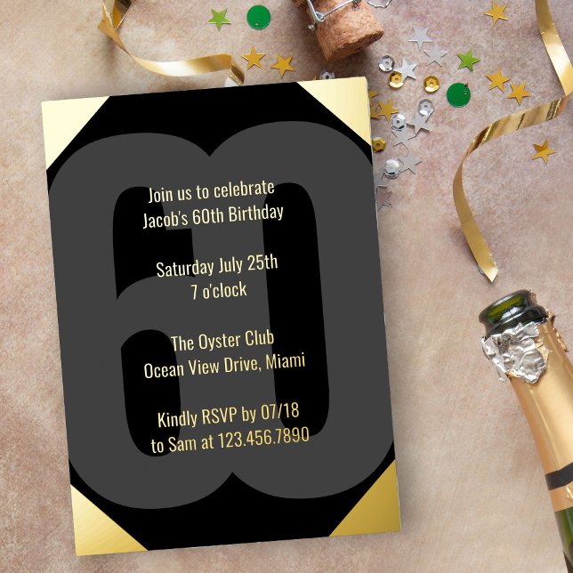 Invitation En Aluminium 60e anniversaire audacieux Luxe noir et or (Luxe 60th Birthday Invitation in black and gold with Bold Oversized Number and Typography)