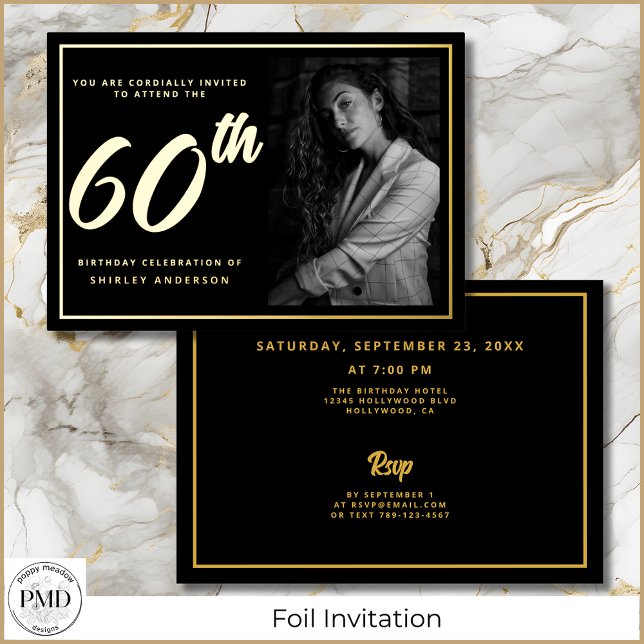 Invitation En Aluminium 60e anniversaire Black Gold Elegant Photo (60th Birthday Elegant Photo Black and Gold Foil Invitation with Party Details on the Back.)