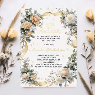 Invitation En Aluminium 60e anniversaire de mariage fleurs jaunes diamants