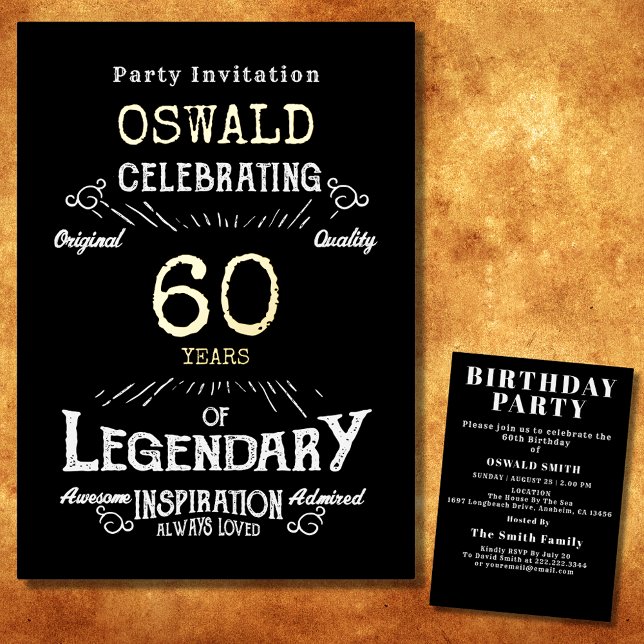 Invitation En Aluminium 60e anniversaire Né légendaire Black Gold Retro (For those celebrating their 60th birthday we have the ideal birthday party invitation)