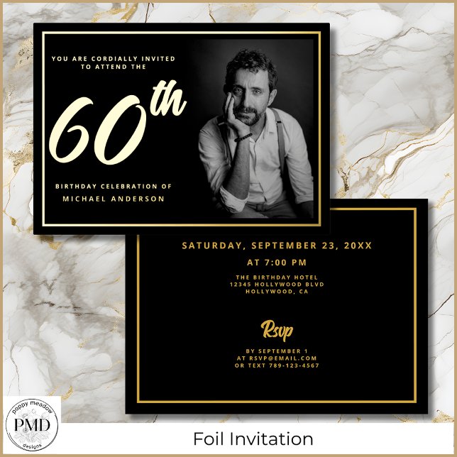 Invitation En Aluminium 60e anniversaire Photo Black Gold Elegant (60th Birthday Black and Gold Photo Invitation with Gold Foil, Party Details on the Back.)