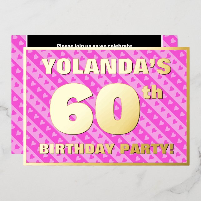 Invitation En Aluminium 60e fête d'anniversaire — Coeurs et rayures roses  (Recto/Verso)